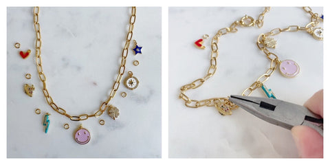 gold link with colored charms to make your own charm necklace