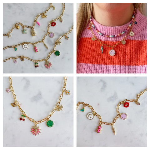 various gold charm necklaces with colored charms
