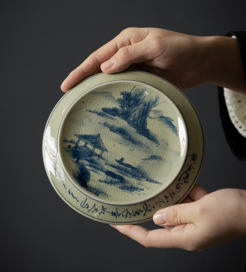 Handpainted Landscape Blue And White Porcelain Gaiwan