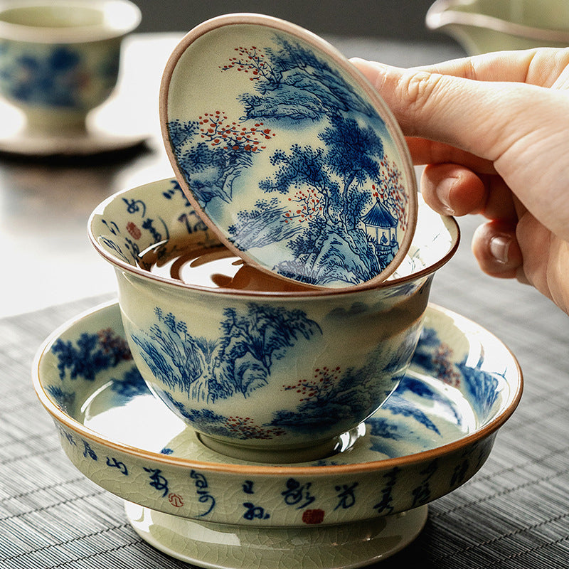 Retro Blue And White Porcelain Gaiwan Tea Set