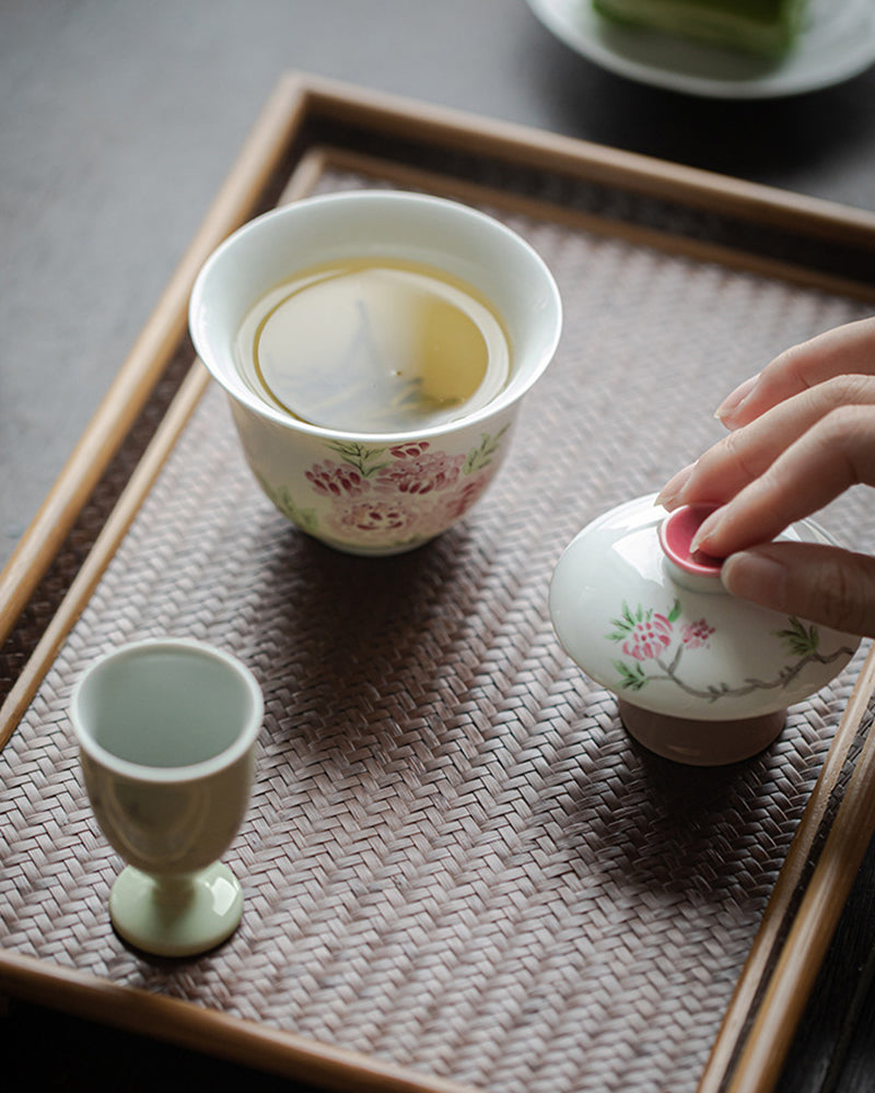 Hand-Painted Crab-Apple Eggshell Porcelain Gaiwan Tea Set
