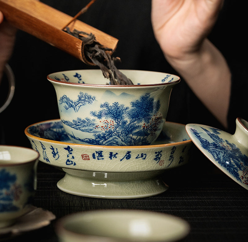 Retro Blue And White Porcelain Gaiwan Tea Set