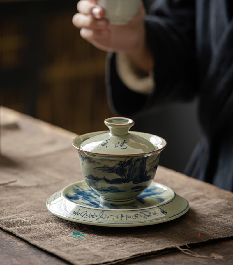 Handpainted Landscape Blue And White Porcelain Gaiwan