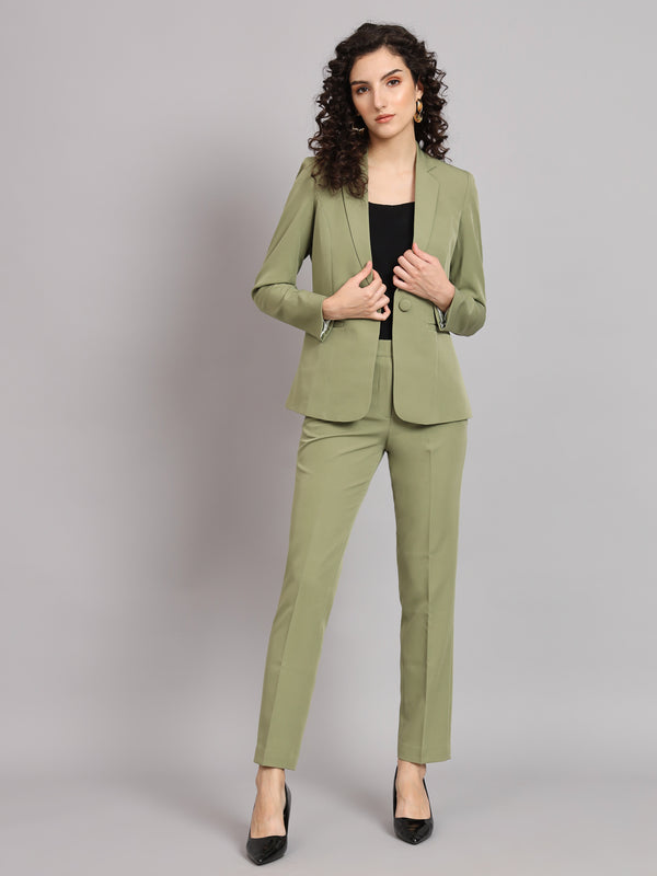 Notched Collar Polyester Pant Suit - Olive Green – PowerSutra