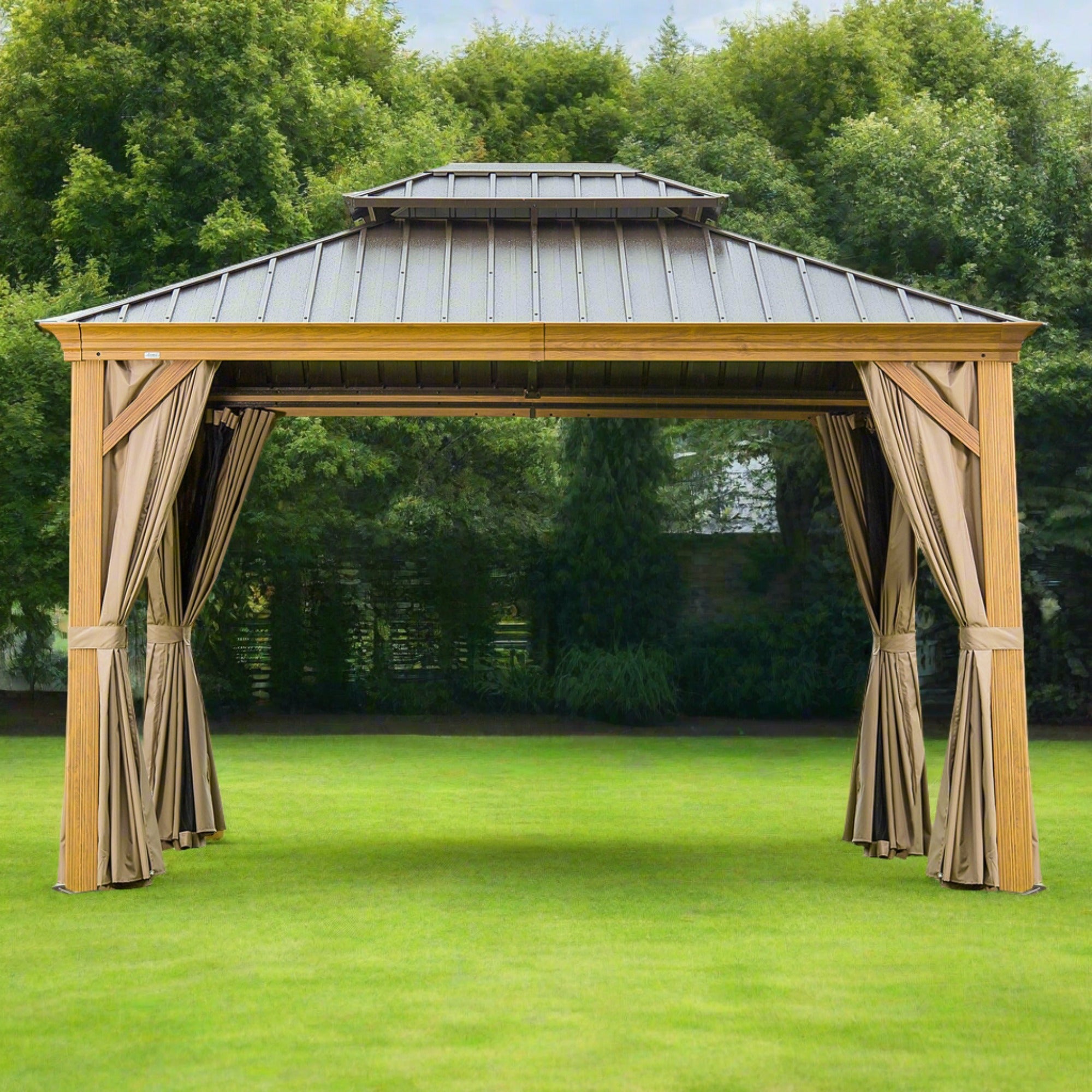 10'x12' Hardtop Gazebo, Wooden Coated Aluminum Frame Canopy with Galvanized Steel Double Roof, Outdoor Permanent Metal Pavilion with Curtains and Netting for Patio, Deck and Lawn(Wood-Looking)