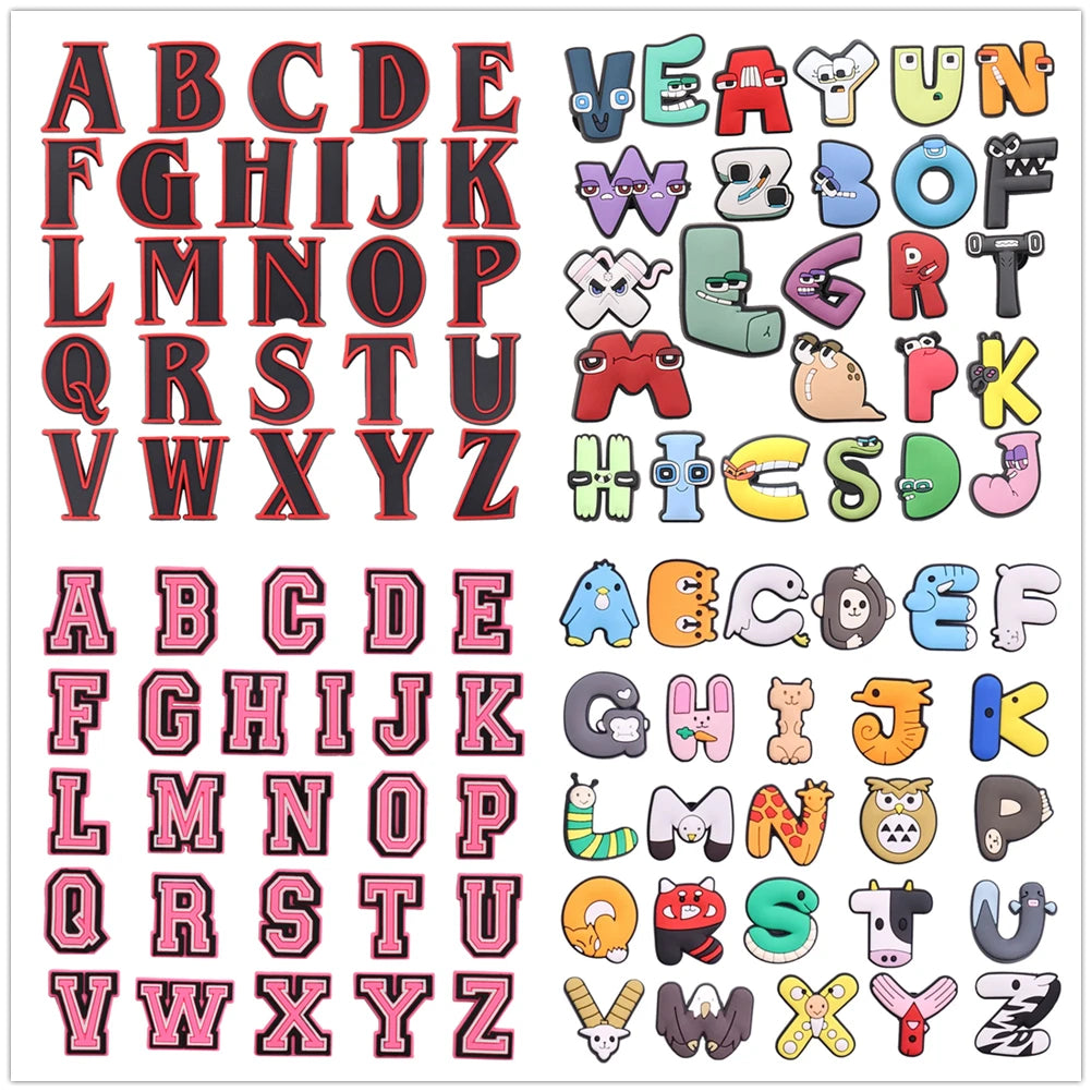 A–Z cartoon and varsity alphabet shoe charms set for personalizing clogs, backpacks, and accessories
