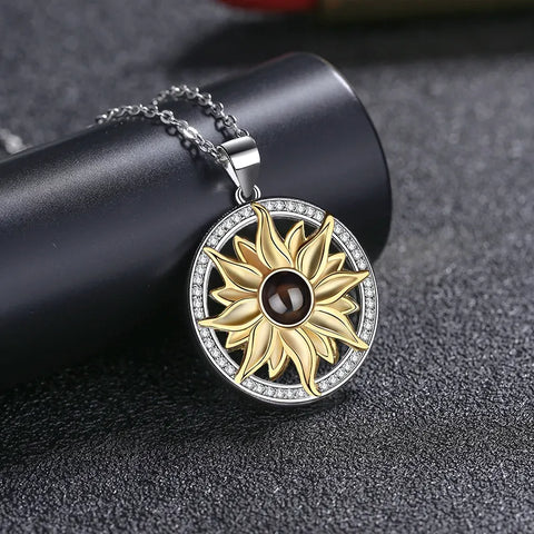 silver sunflower projection pendant necklace