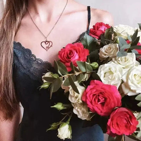 BROOCHITON Necklaces a woman ho;ding a bouquet of roses and wearing Double Heart Personalized Necklace