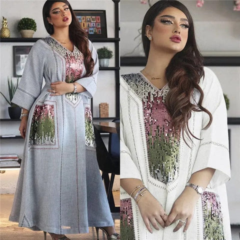 double view of a woman wearing dubai beads sequin embroidered robe grey and white color
