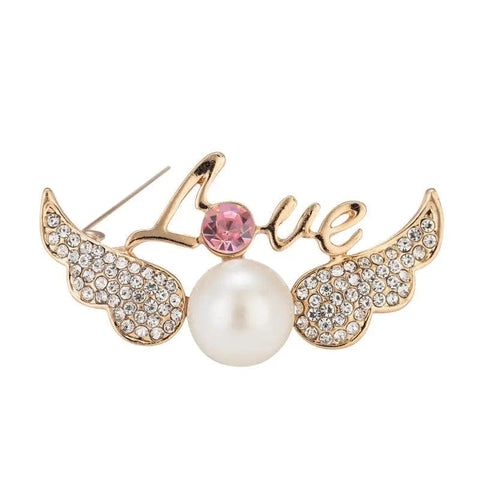 gold crystal love angel wings brooch