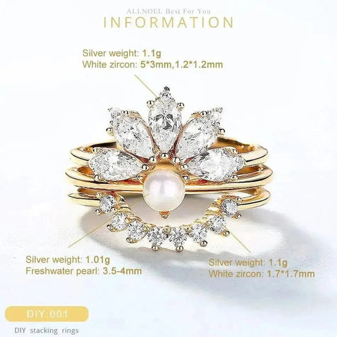 pearl white zircon combination silver ring