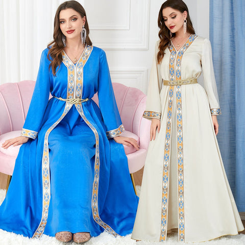 double view of a woman wearing women's arabian dress slit v-neck sitting and standing of beige and blue color style