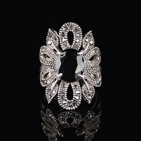 women's hollow flower black crystal ring
