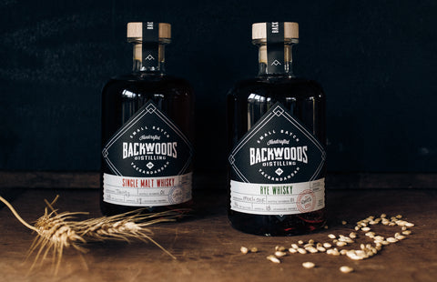 Bottle of single malt and rye whisky. Backwoods first releases.