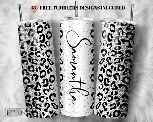Silver & Black Leopard Glitter Tumbler - Sublimated Tumblers