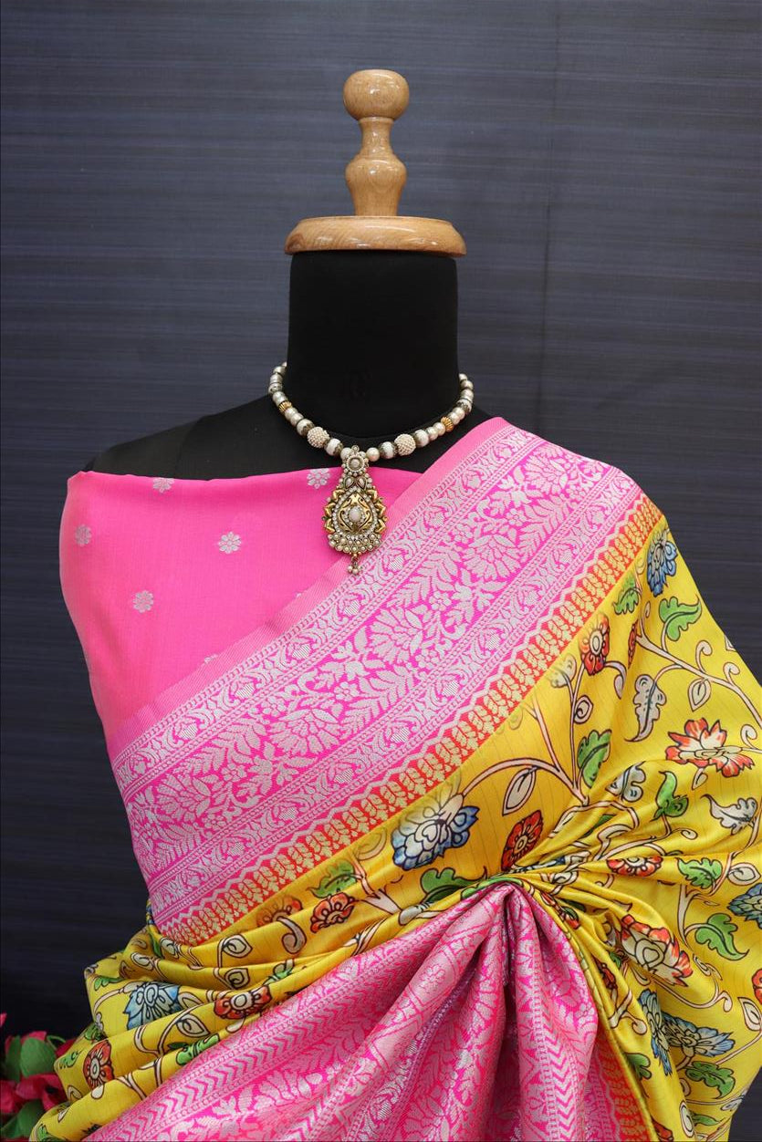 Pink Kanchipuram Silk Saree With Yellow Border