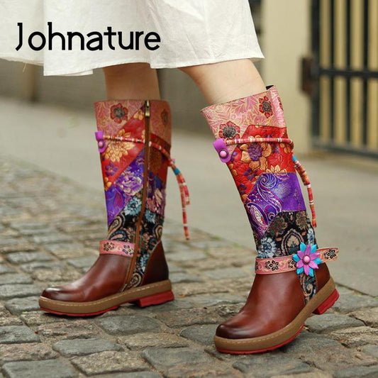 Vanguard Boots Genuine Leather Mixed Colors Platform Boots Women Shoes Zip Round Toe Sewing High Heel Ankle Boots Orange / 9