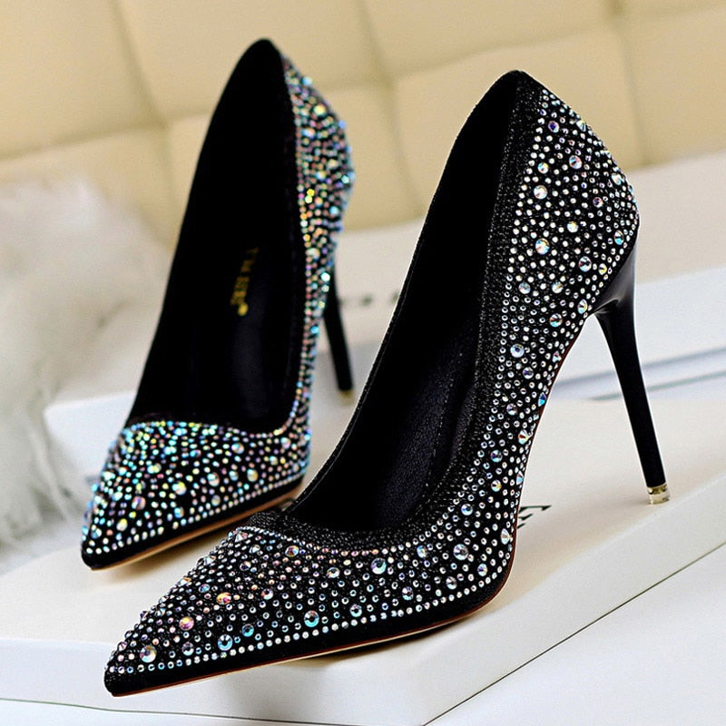 Womens Solid Color Glitter Rhinestone Wedding Shoes Pointed Toe