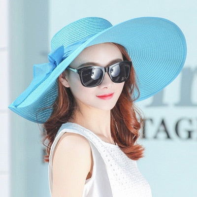 Summer Autumn Floppy Straw Hat Women Ladies Wide Brim Beach Hat Sun Foldable  Cap