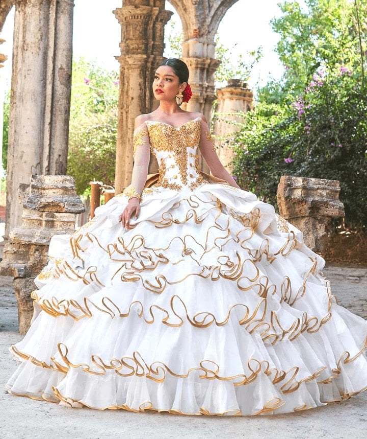 Women Dress Charro Quinceanera Dresses Long Sleeves Tulle