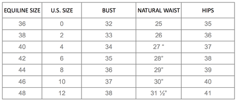 Ladies Breeches Size Chart