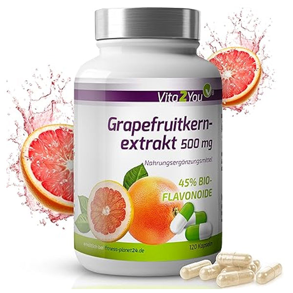 Grapefrugtkerneekstrakt 500 mg - 120 kapsler - 45 % økologiske flavonoider - svarer til 225 mg pr. kapsel - høj dosis - premium kvalitet