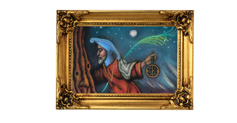 Painting of Merlin and his wand in a gold frame