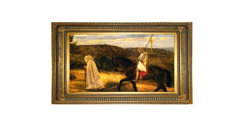 Painting of Merlin with King Arthur on horseback in a golden frame