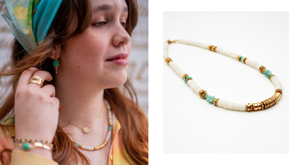 Carla wears the mother-of-pearl and amazonite heishi necklace