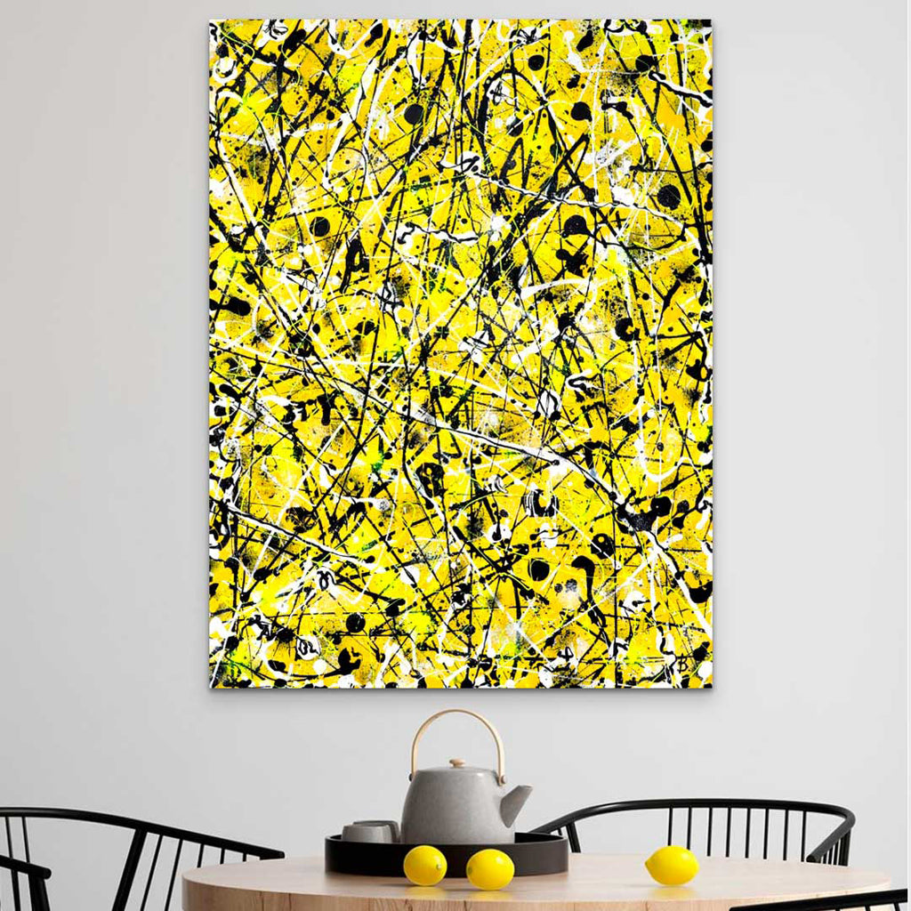 Image of 'BEEHIVE' a large, original abstract expressionism painting on canvas, in yellows, neon yellow, white and black colours with texture. Seen here without external frame hanging above dining table.Artwork by Bridget Bradley