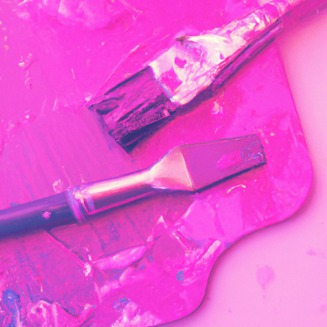 Image of bright pink paint and brushes with pink paint over them