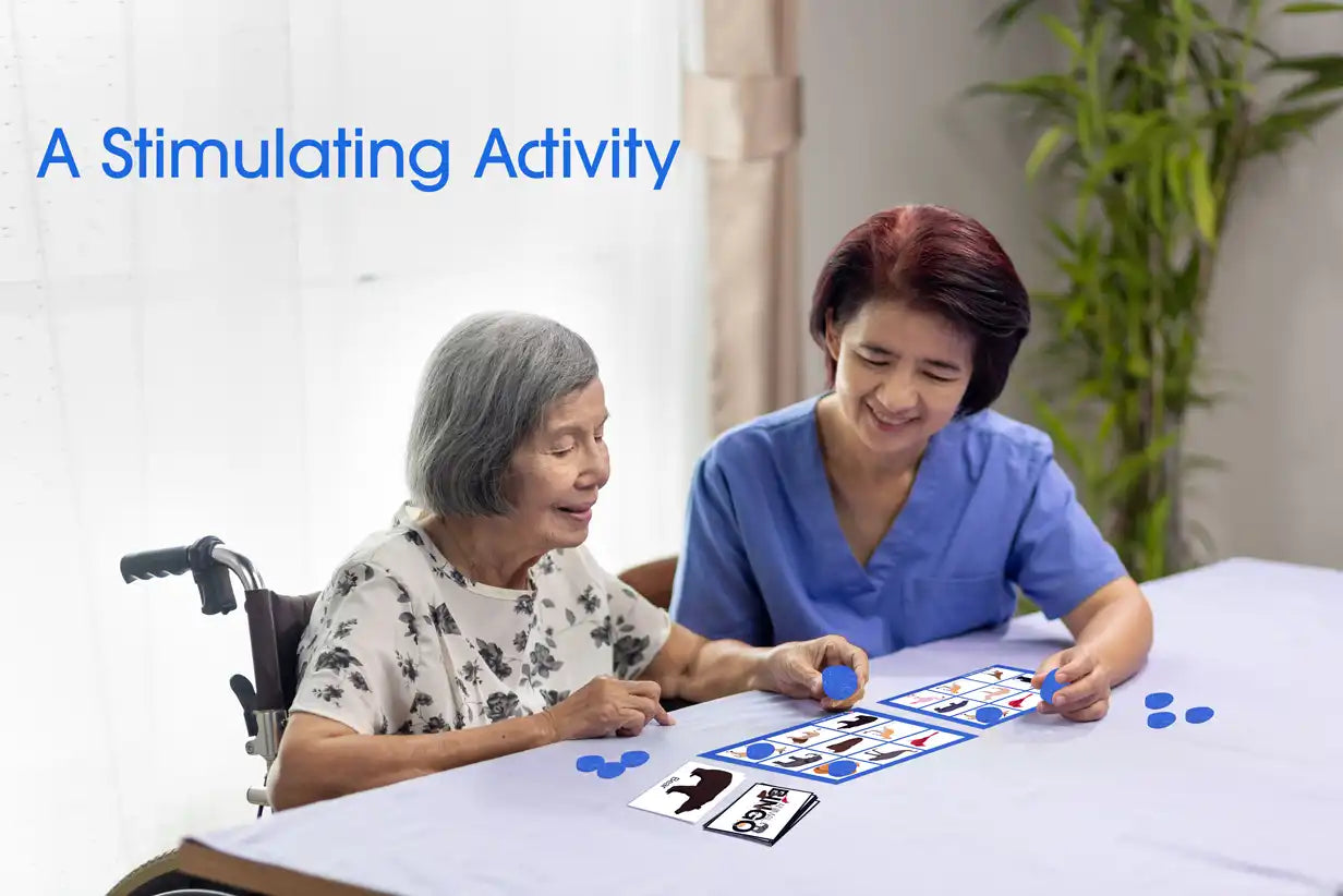 senior playing stimulating bingo activity for seniors