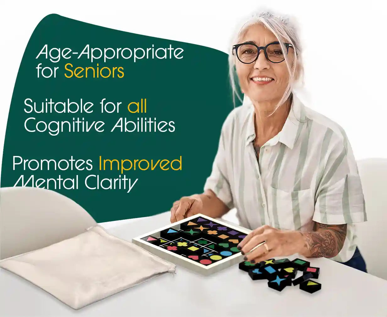 senior playing match the shapes game for improved mental clarity