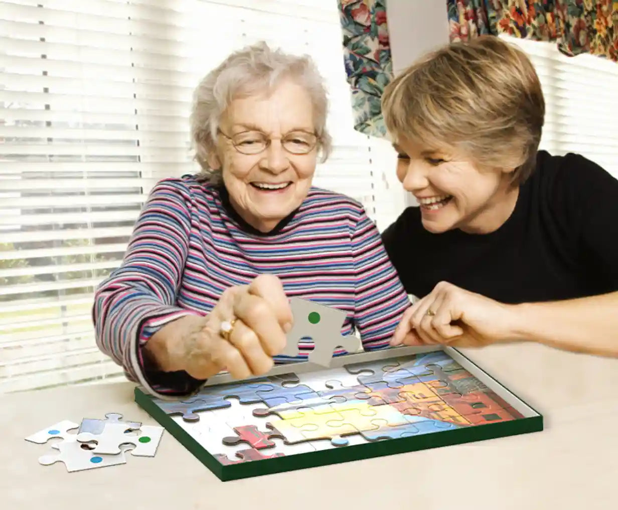 elderly woman doing cinque terre puzzle