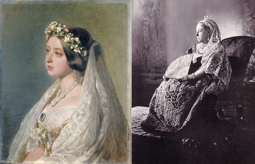 ホニトンレースのウエディングドレスを着用したヴィクトリア女王の肖像画