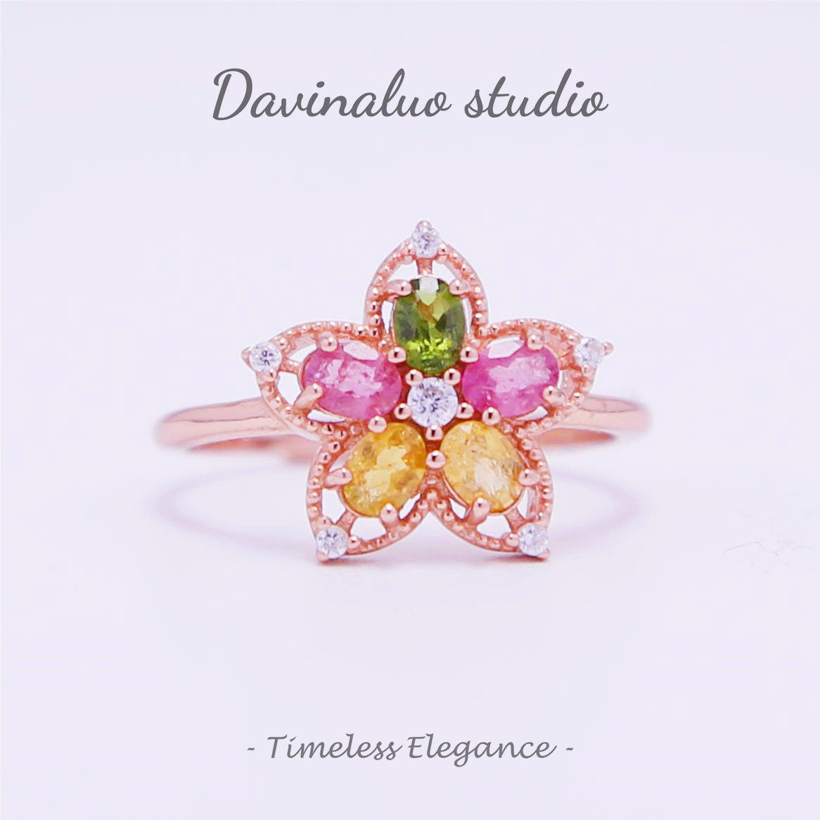 S925 Silver Natural Tourmaline Rainbow Flower Ring BXR012