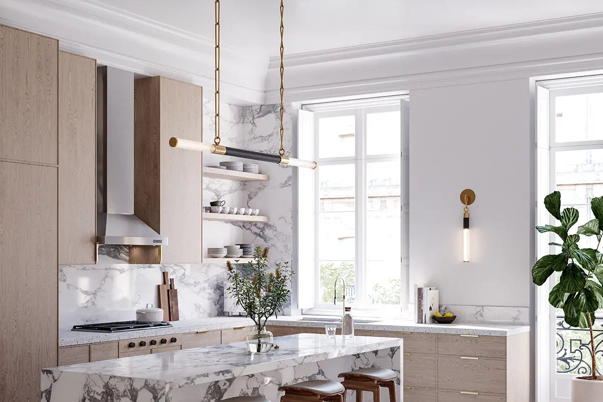 Kitchen lighting featuring Hotel in the Home styled lighting - Huntington Linear Pendant Light & Huntington Wall Light by Hudson Valley