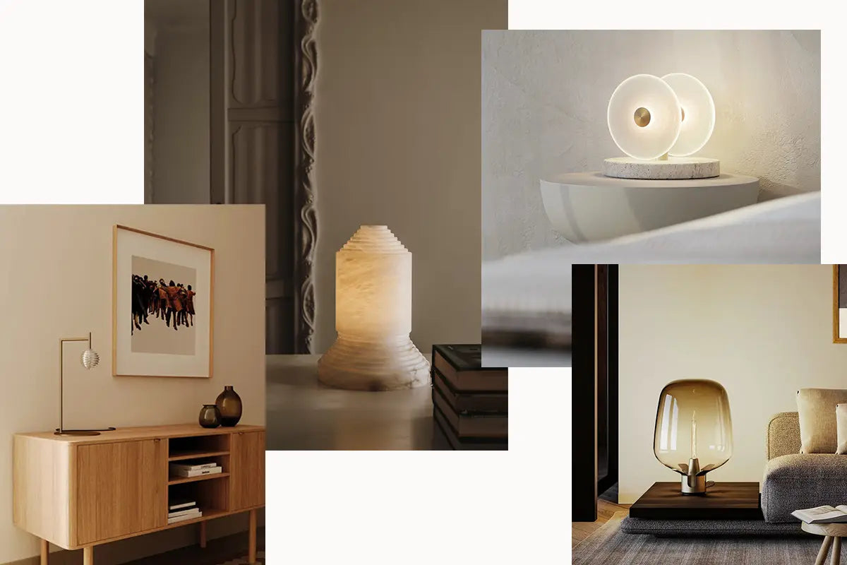 Hotel In the Home, is a curated collection by Nook Collections featuring luxury table lamps such as the Doul Table Lamp, Babel Alabaster Table Lamp, Flar Table Lamp and the Coral Table Lamp.