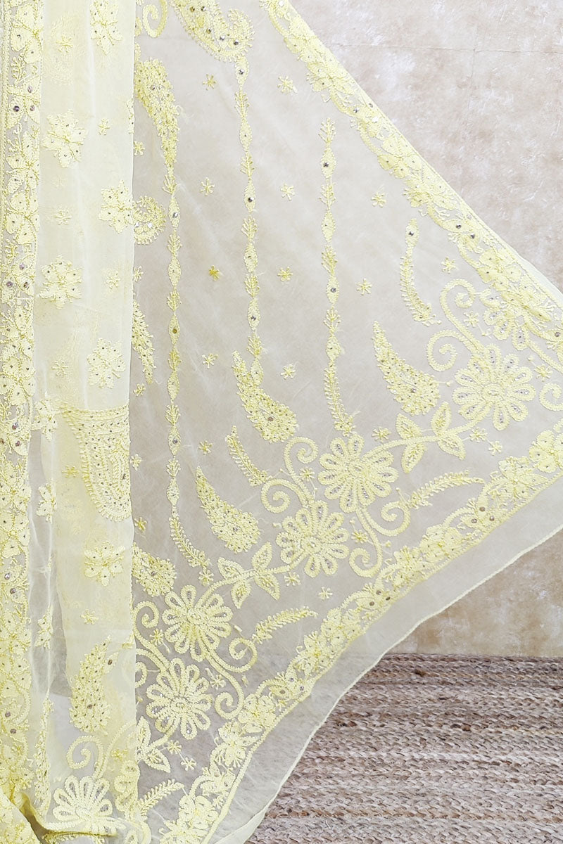Yellow Colour Whit Mukaish Resam Work Hand Embroidered Lucknowi Chikankari Saree ( With Blouse- Georgette ) MC251937