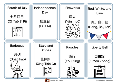 Traditional Chinese- English Bilingual July 4th Flash Card