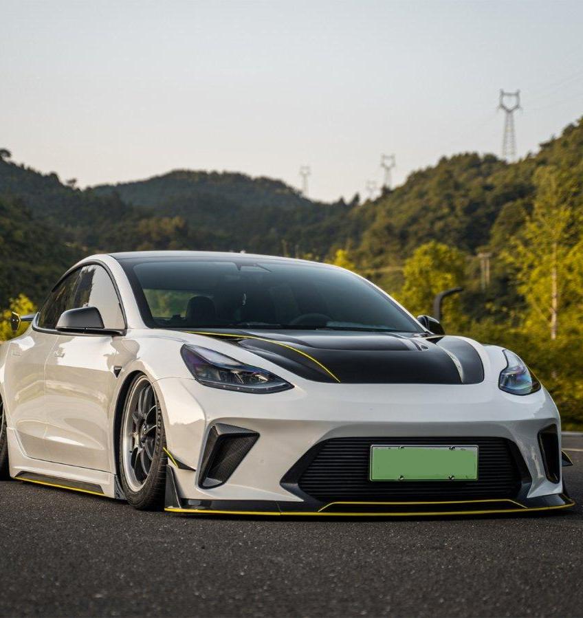 Robot Craftsman "HACKER" Narrow Body Front Bumper & Front Splitter for Tesla Model 3 Performance Carbon Fiber/FRP