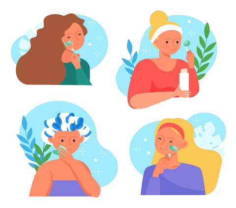 four different womens doing various steps of a skin care routine