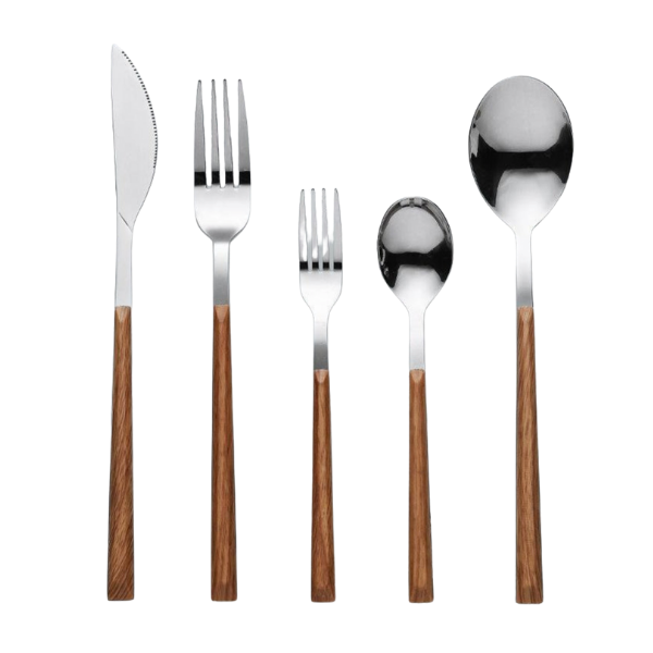 Mid-Century Modern Wood Handle Stainless Steel Flatware