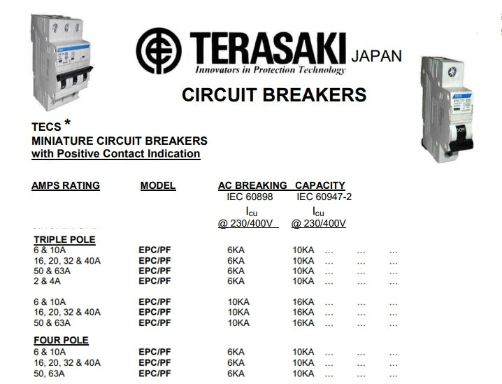 Terasaki Miniature Circuit Breaker 6 & 10A EPC/PF 10K Triple Pole in Pakistan