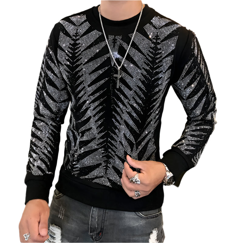 Men's Diamond Long Sleeve Pullover Casual T Shirt Men Streetwear Hip Hop Punk Gothic Tshirt Stage Tees Shirt Long Sleeve Silver