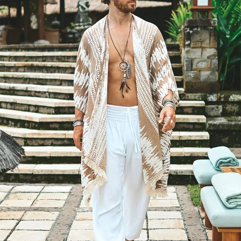 Men Tulum Linen Holiday Cardigan Men's Long White Cardigan Spring / Summer Thin Men's Sun Protection Shirt Fringe Long Cardigan