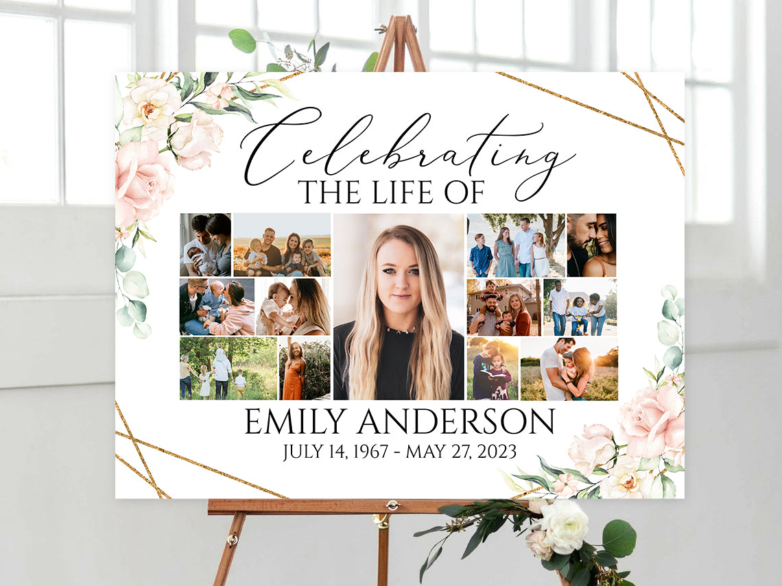 Celebration Of Life Blush Pink Roses Photo Collage Funeral Welcome Sig ...
