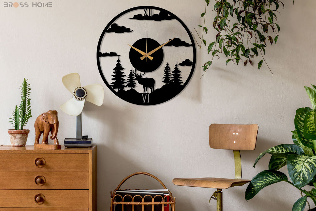 Deer Forest Black Wall Clock for Christmas Wall Decor