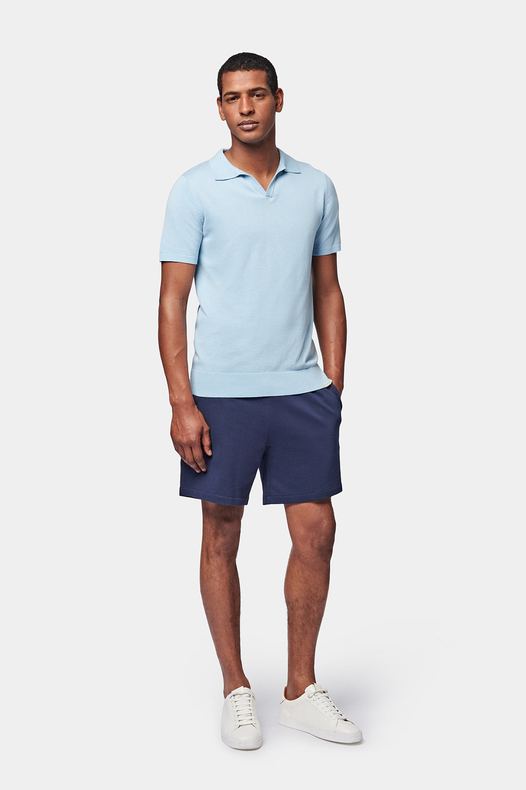 Knitted Short Sleeve V-Neck Polo in Cerulean