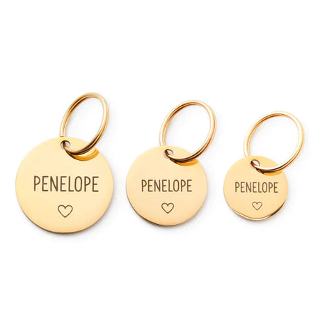 Three gold circle pet name tags on a white background. Each says "Penelope"